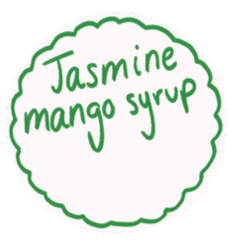 light pink circle with green handwritten text jasmine mango syrup 
