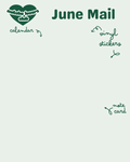 Promotional image for 'June Mail' with white vinyl stickers of matcha latte, a calendar, and text on a light green background.