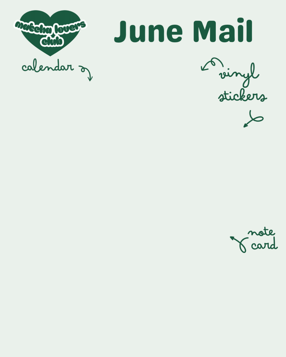 Promotional image for 'June Mail' with white vinyl stickers of matcha latte, a calendar, and text on a light green background.