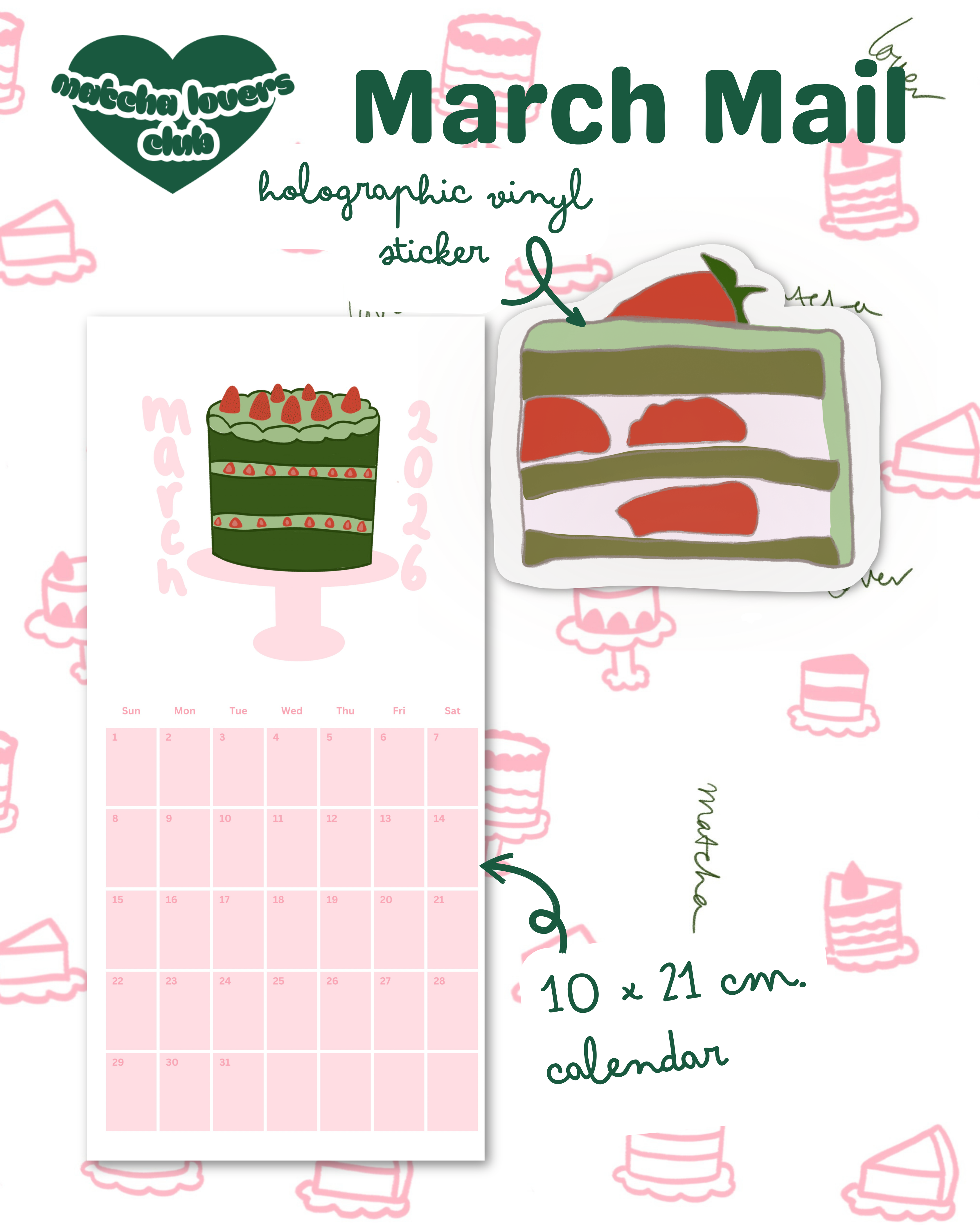 Holographic vinyl sticker with cake design on a patterned background